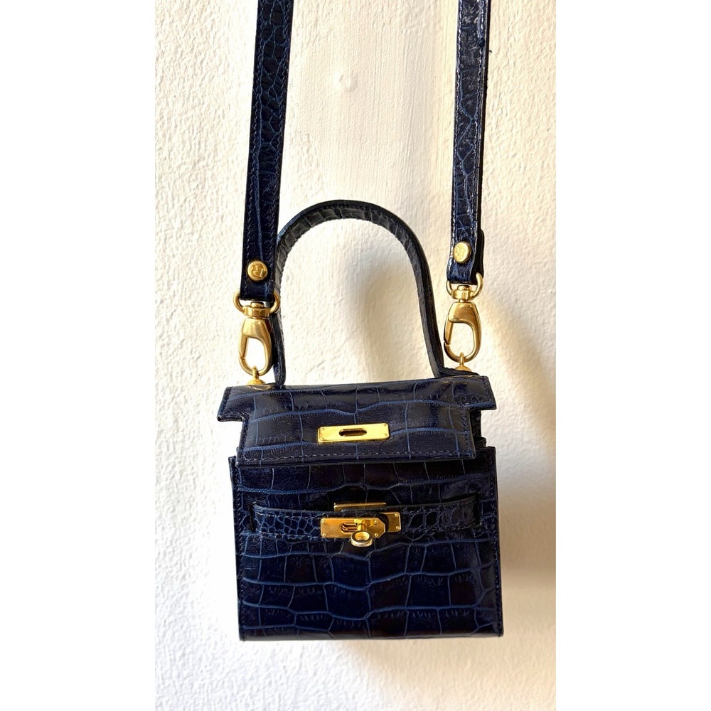Francesco Rogani Navy Blue Mini Crossbody Bag Croc Embossed